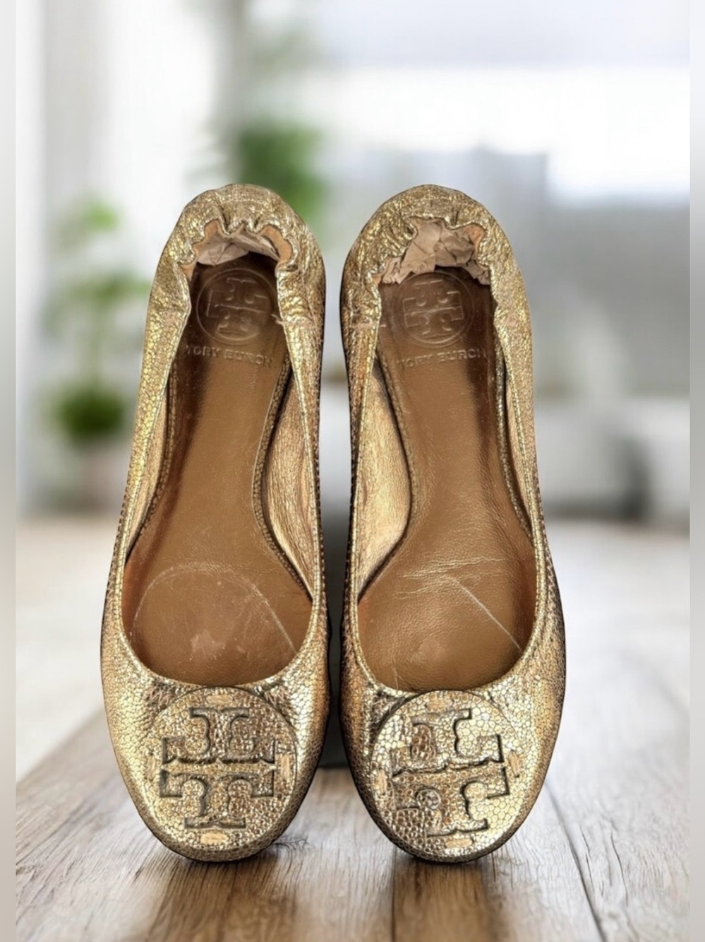 Tory Burch Reva Metallic Gold Leather Flats